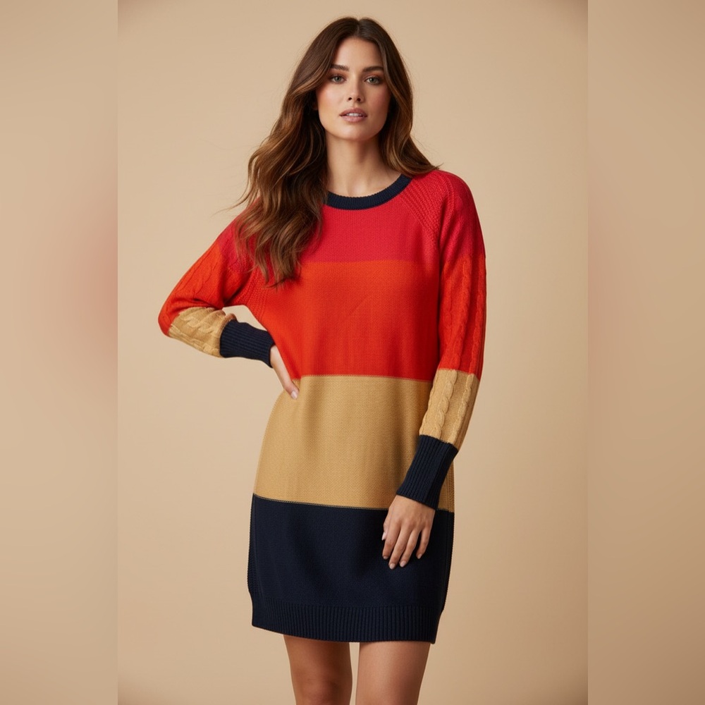 LuLaRoe Lauren Sweater Dress • Pink Orange Tan Blue Block • Sweater Knit